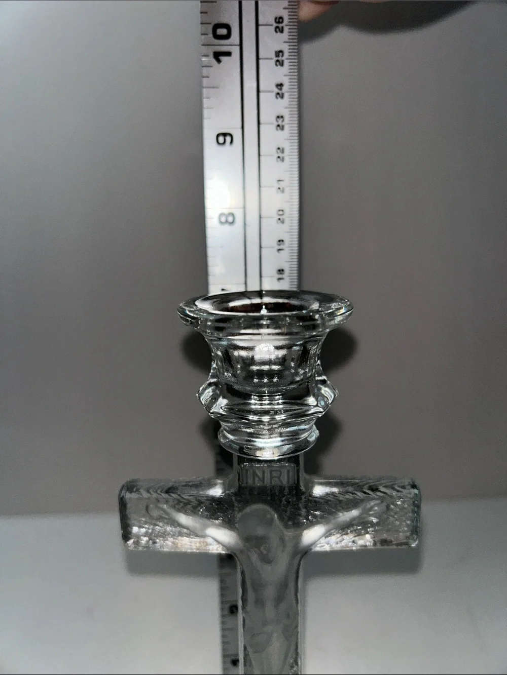 Vintage INRI Clear Glass Crucifix Jesus Christ Cross Candle Holder